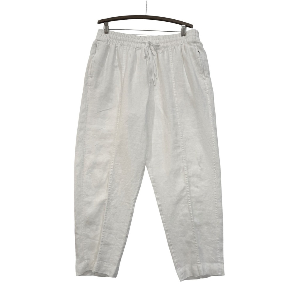 Athleta White 100% Linen Elastic Waist Seam Front Wide Leg Pants Women Large